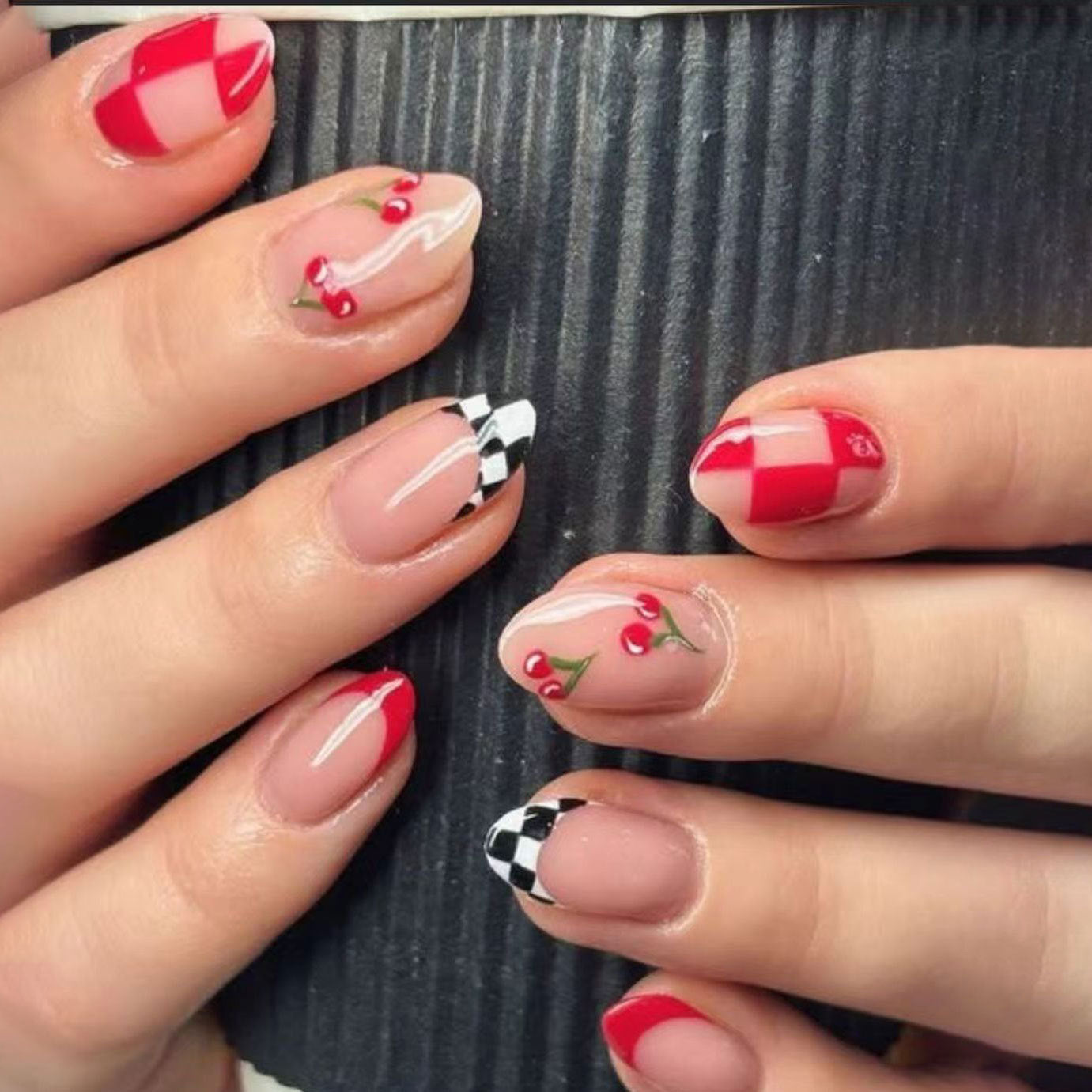 Retro Racing Vibes Medium Almond Red and Clear with Cherry Designs and Checkered Tips Press on Nail Set
