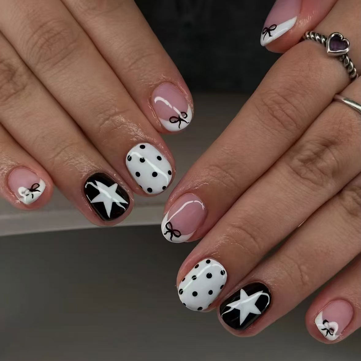 Chic Glamour Short Squoval Black and White Polka Dot Design with Stylish Bow Accents Press-On Nail Set