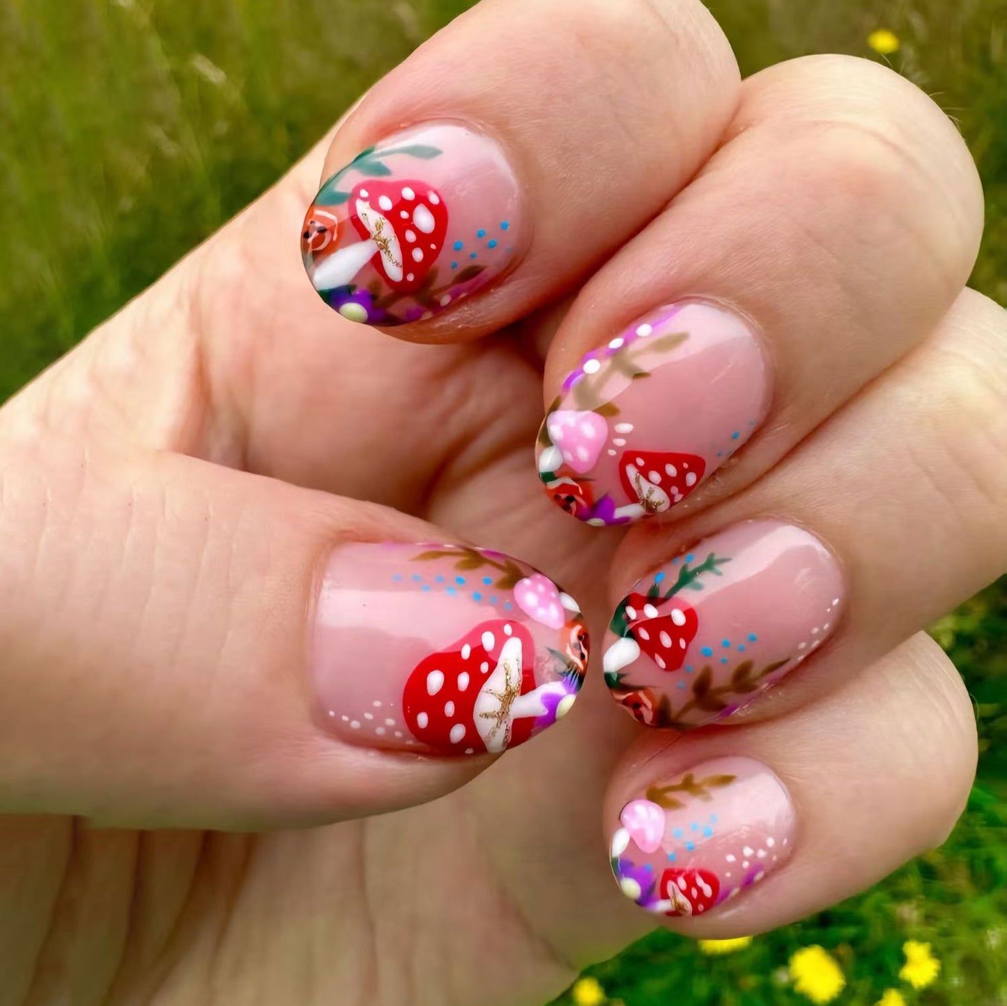 Whimsical Fairy Garden Short Round Pink Peachy Nails with Charming Mushroom Design