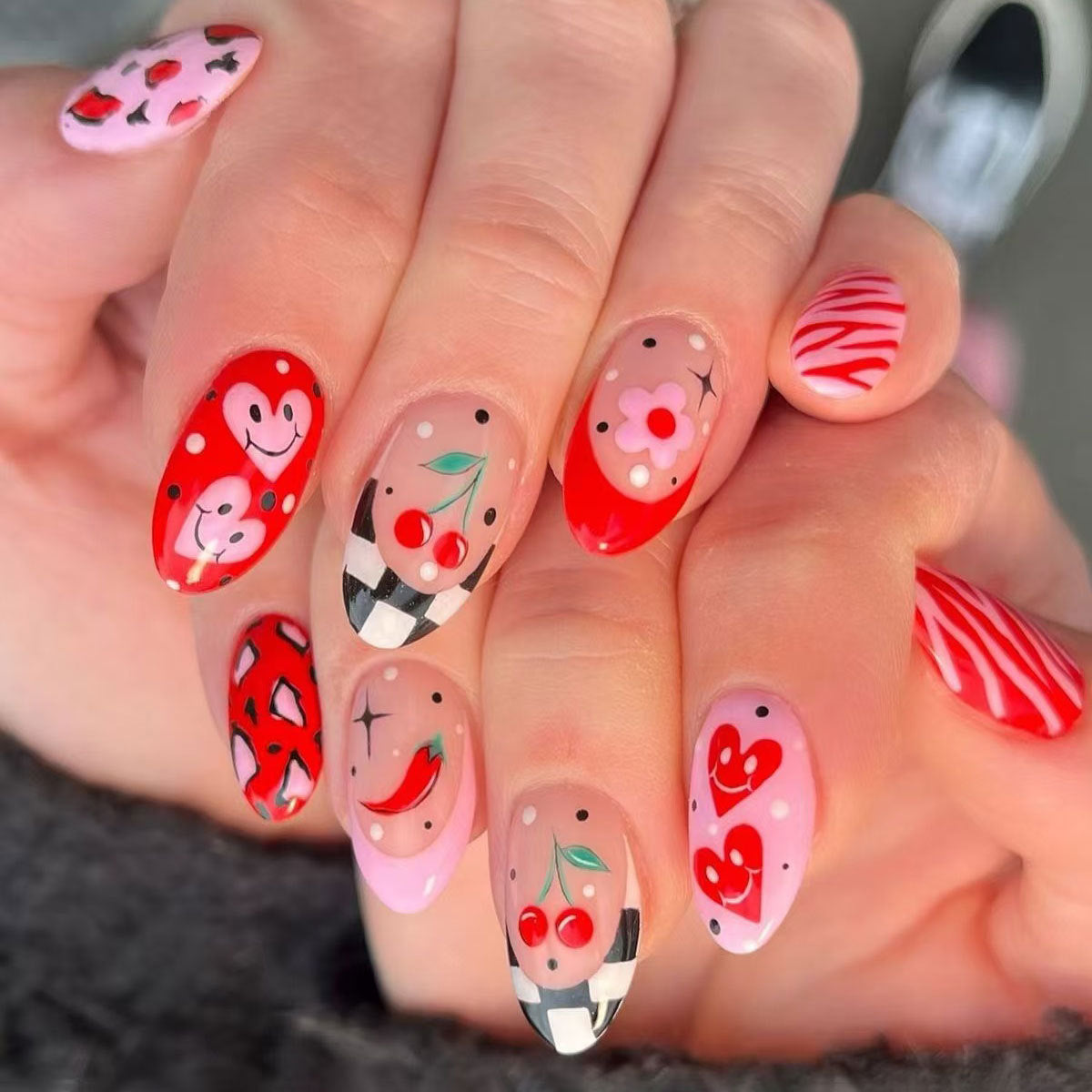 Charming Delight Press On Nail Set Short Round Shaped Vibrant Red Fun Fruit and Floral Patterns