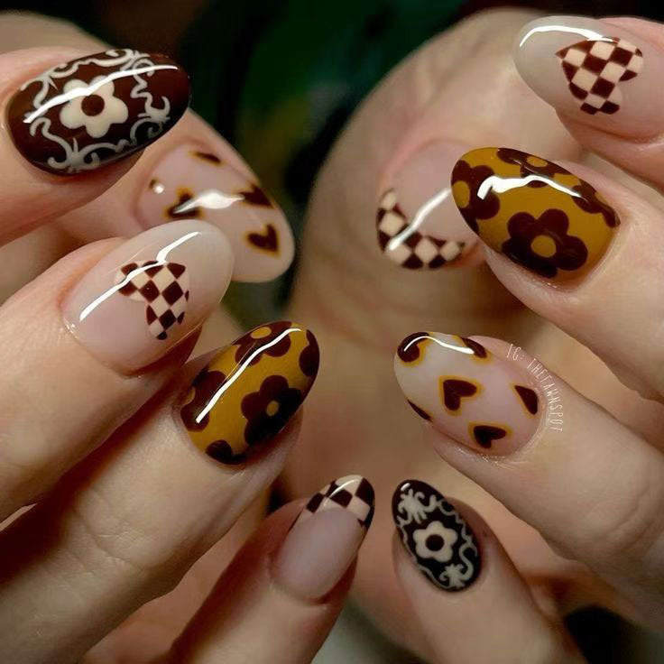 Autumn Floral Dream Press On Nail Set Short Almond Shape Warm Brown and Beige with Unique Artistic Patterns