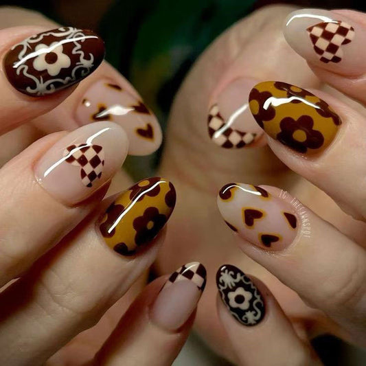 Autumn Floral Dream Press On Nail Set Short Almond Shape Warm Brown and Beige with Unique Artistic Patterns