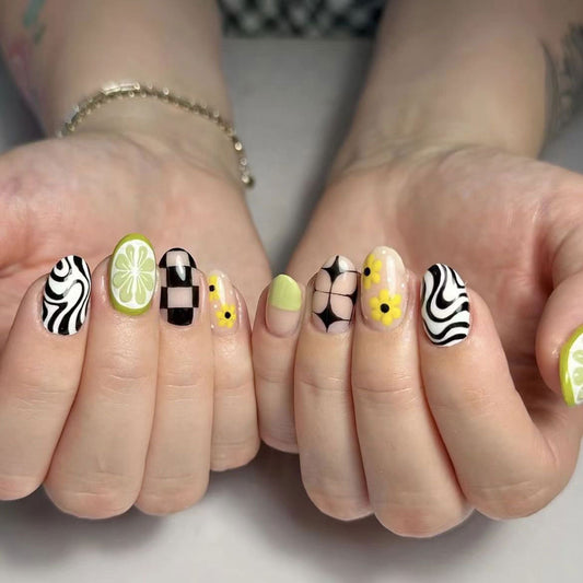Vibrant Garden Short Oval Green and Black Colorful Patterned Press On Nail Set