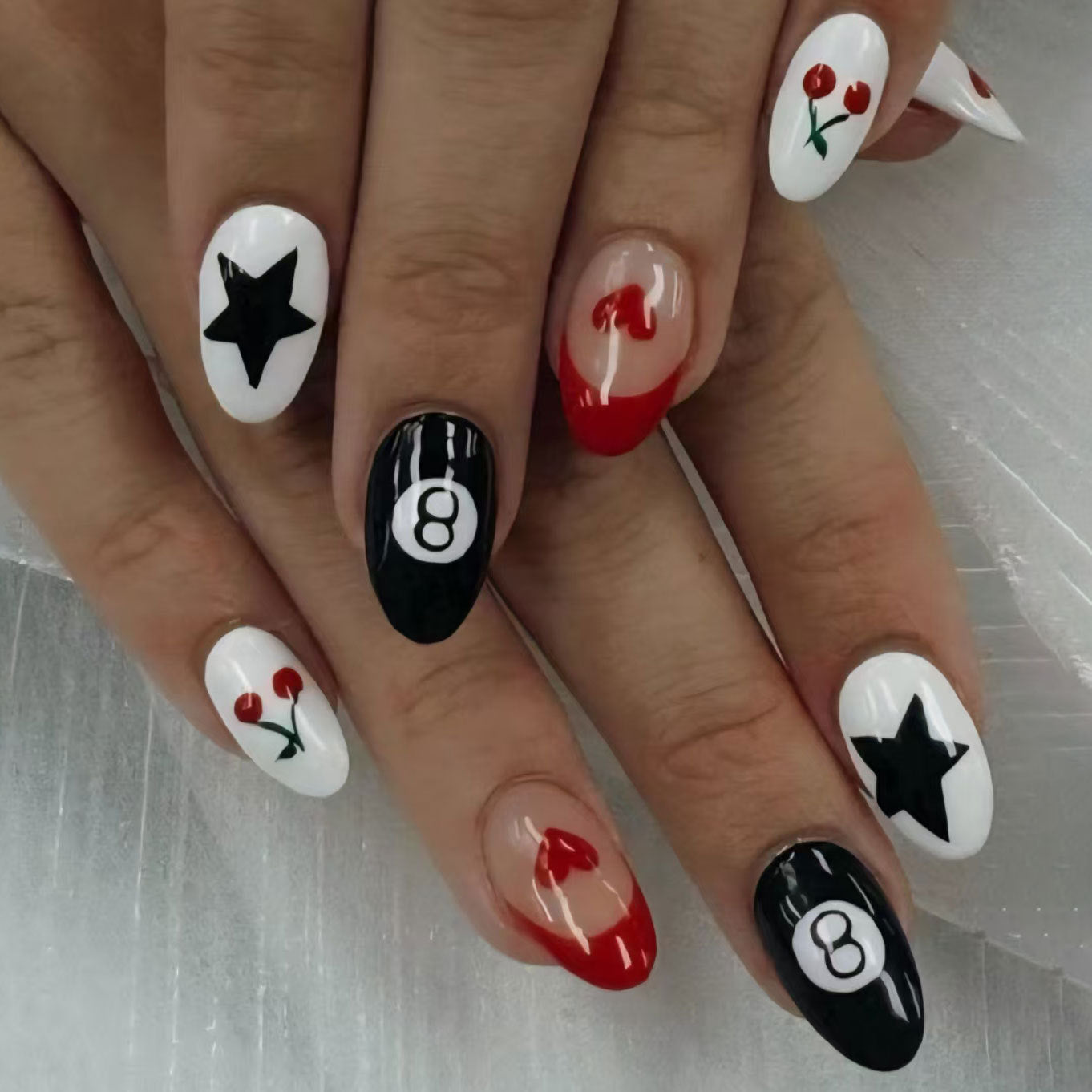 Gothic Glam Short Almond Shaped Black and White Press on Nail Set with Cherry and Star Embellishments