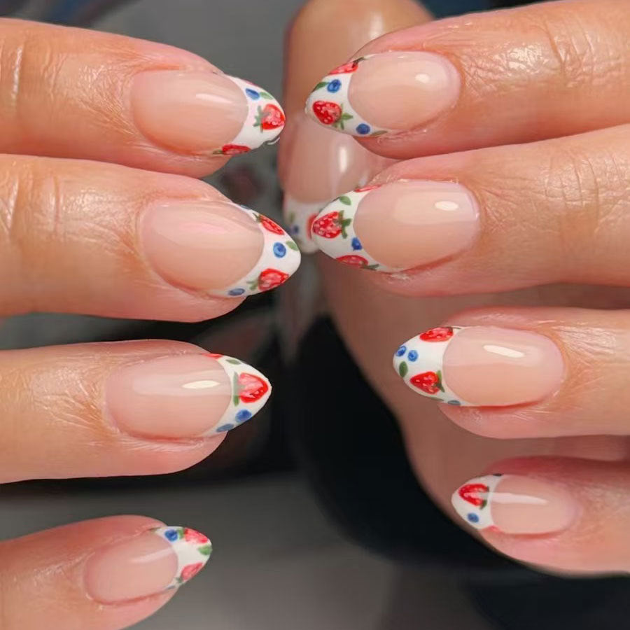 Floral Fantasy Short Almond Shaped Clear Base with Vibrant Strawberry and Blueberry Tips