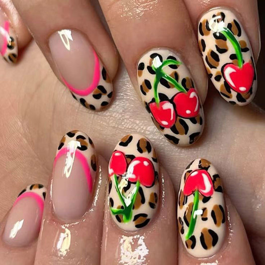 Tropical Paradise Medium Oval Pink and Multicolor Leopard Print with Cherry Blossom Design Press on Nail Set