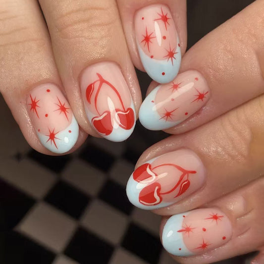 Blossom Aesthetic Short Oval Shaped Sky Blue and Coral Cherry Floral Press On Nail Set with Sparkling Stars