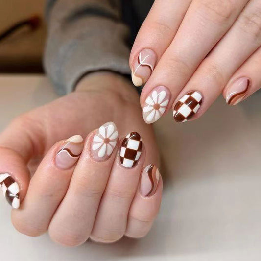 Chocolate Dream Short Oval Shaped Press on Nails in Brown and White with Floral and Checkered Patterns