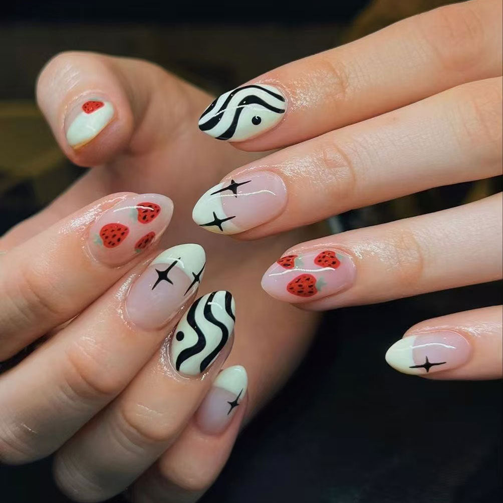 Berry Blissful Elegance Short Almond Shaped Cream and Black Strawberry Art Press on Nail Set