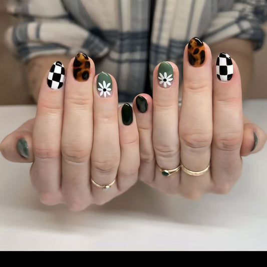 Chic Revamp Short Almond Green and Black Leopard with Floral Designs Press On Nail Set