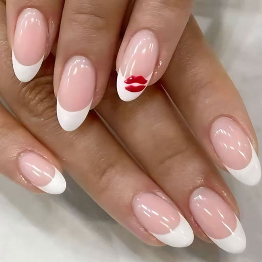 Romantic Kiss Inspired Medium Almond Shaped Pink and White Nail Set with Unique Lip Print Design