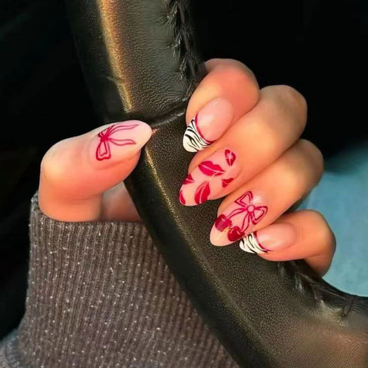 Chic Elegance Medium Almond Pink with Stylish Red Bow and Vine Designs Press On Nail Set