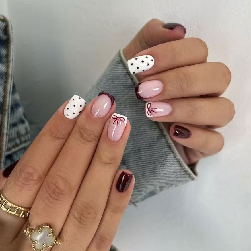 Chic Floral Fantasy Short Square Burgundy and White Press on Nail Set with Elegant Bow Accents