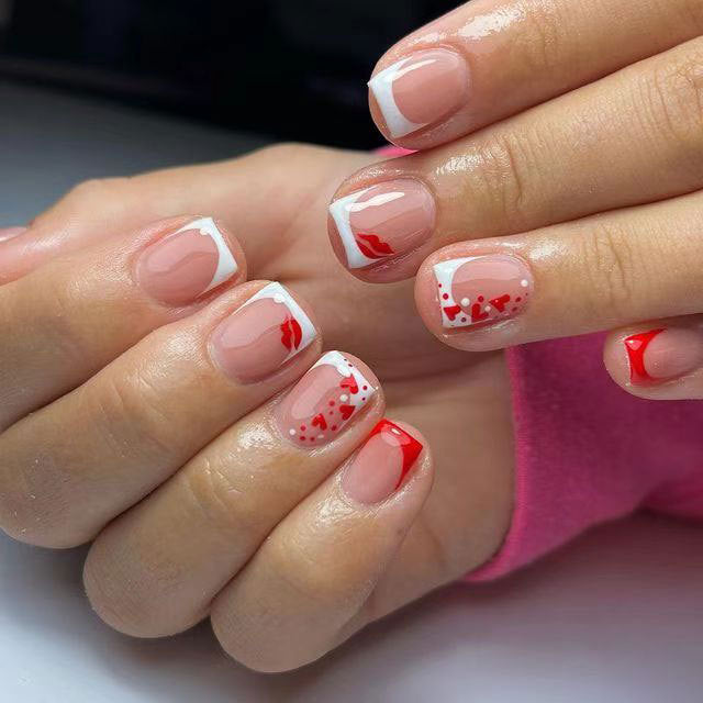 Charming Romance Short Square Red and White Press-On Nail Set with Heart Accent Design