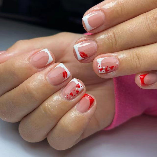 Charming Romance Short Square Red and White Press-On Nail Set with Heart Accent Design