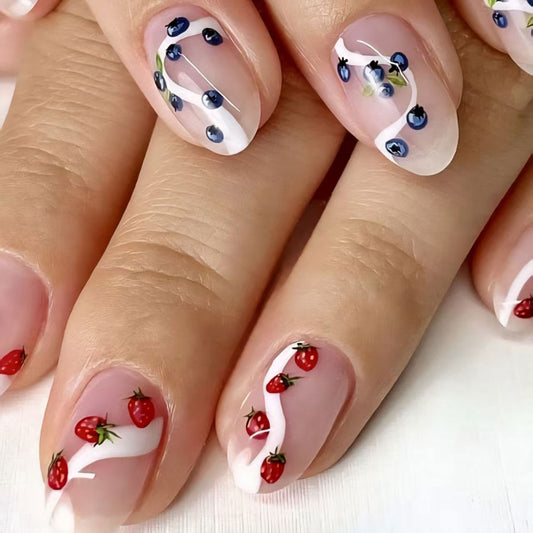 Fruitful Bliss Short Oval Shaped Clear with Strawberry and Blueberry Art Press On Nail Set