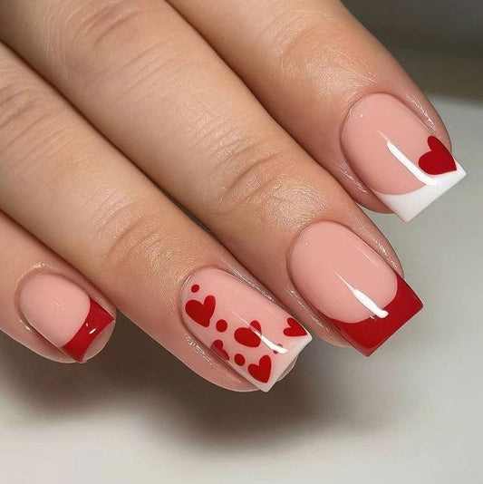 Cherished Romance Short Square Red Pink Heart Themed Press On Nail Set