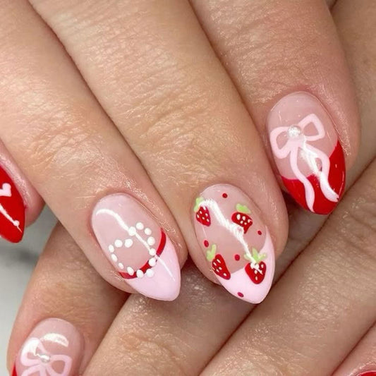 Sweet Strawberry Inspired Short Almond Pink and Red Glossy Nail Set with Charming Bow Accents