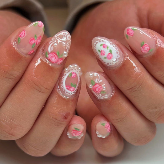 Romantic Garden Short Almond Peachy Press on Nails with Floral Lace Design