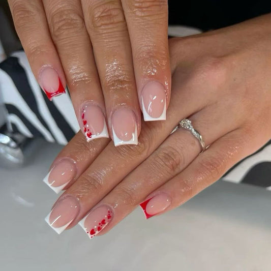 Chic Romance Elegant Short Square Beige and Red Ombre Press-On Nail Set with Heart Design