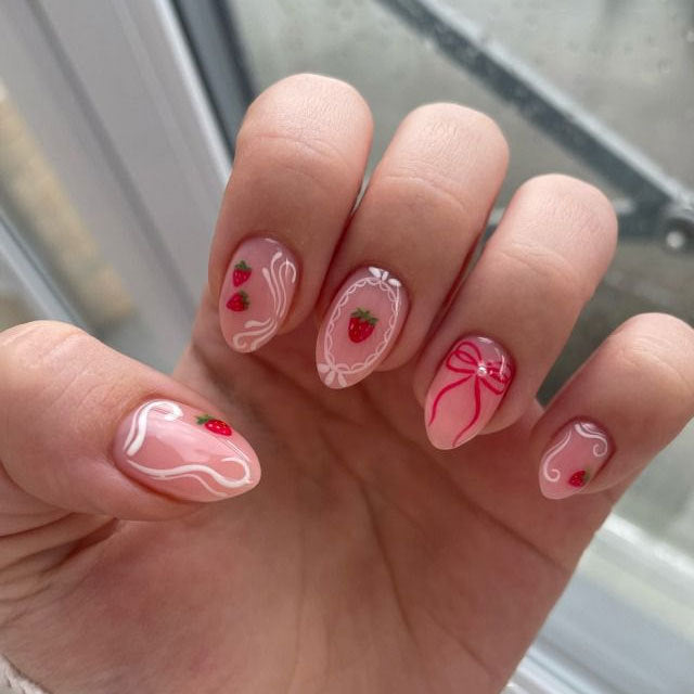 Sweet Strawberry Delight Short Almond Pink Press On Nail Set with Charming Bow and Berry Accents