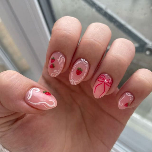 Sweet Strawberry Delight Short Almond Pink Press On Nail Set with Charming Bow and Berry Accents
