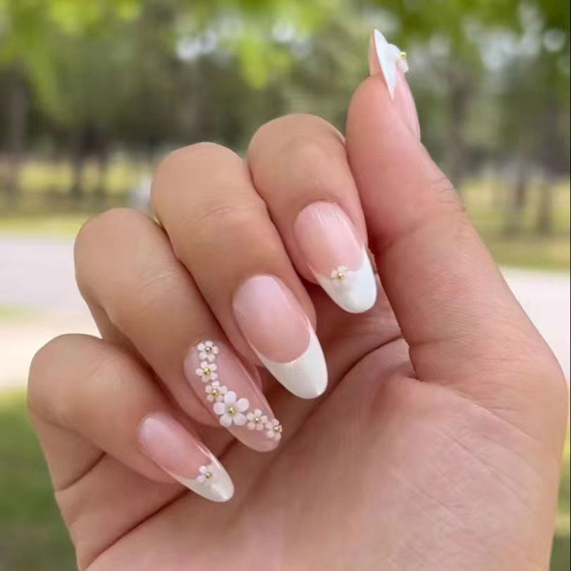 Floral Elegance Medium Almond White Ombre with Delicate Floral Accents Press on Nail Set