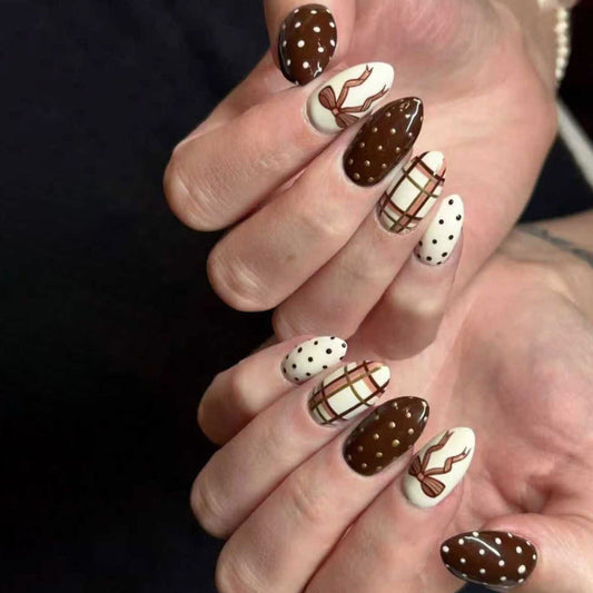 Cozy Autumn Vibes Medium Almond Shape Brown and Cream Polka Dot and Plaid Press On Nail Set with Artistic Deer Design