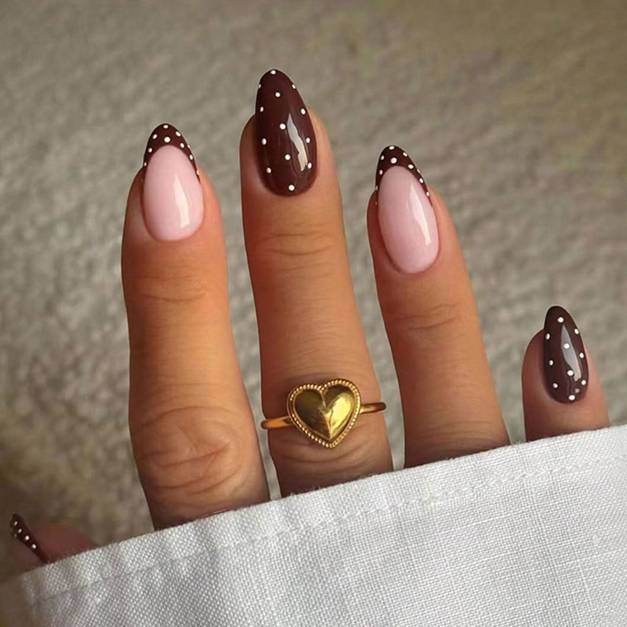 Chic Chocolate Fantasy Long Almond Shaped Blush Pink and Brown with Polka Dots Press On Nail Set
