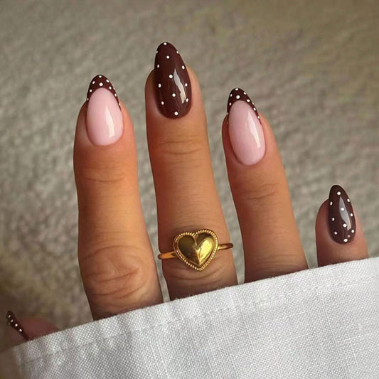 Chic Chocolate Fantasy Long Almond Shaped Blush Pink and Brown with Polka Dots Press On Nail Set