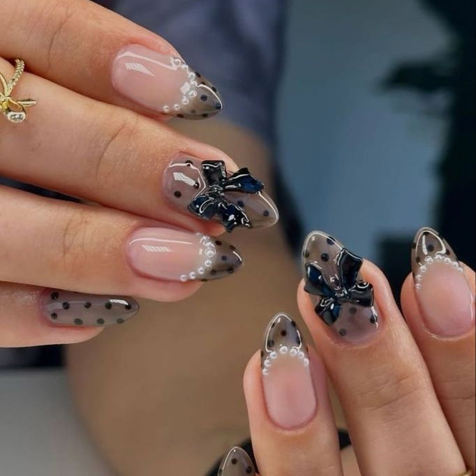 Elegant Butterfly Fantasy Long Almond Shaped Transparent Smoky Gray Press On Nail Set with Unique Black Bow Accents
