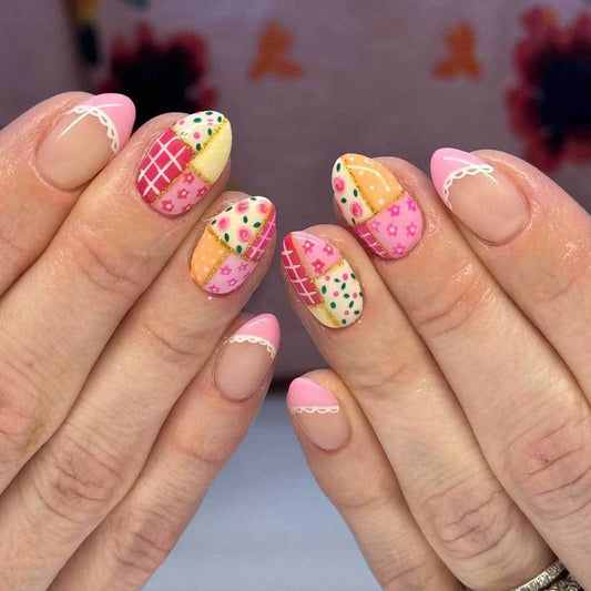 Whimsical Delight Short Almond Colorful Patchwork Design Press On Nail Set