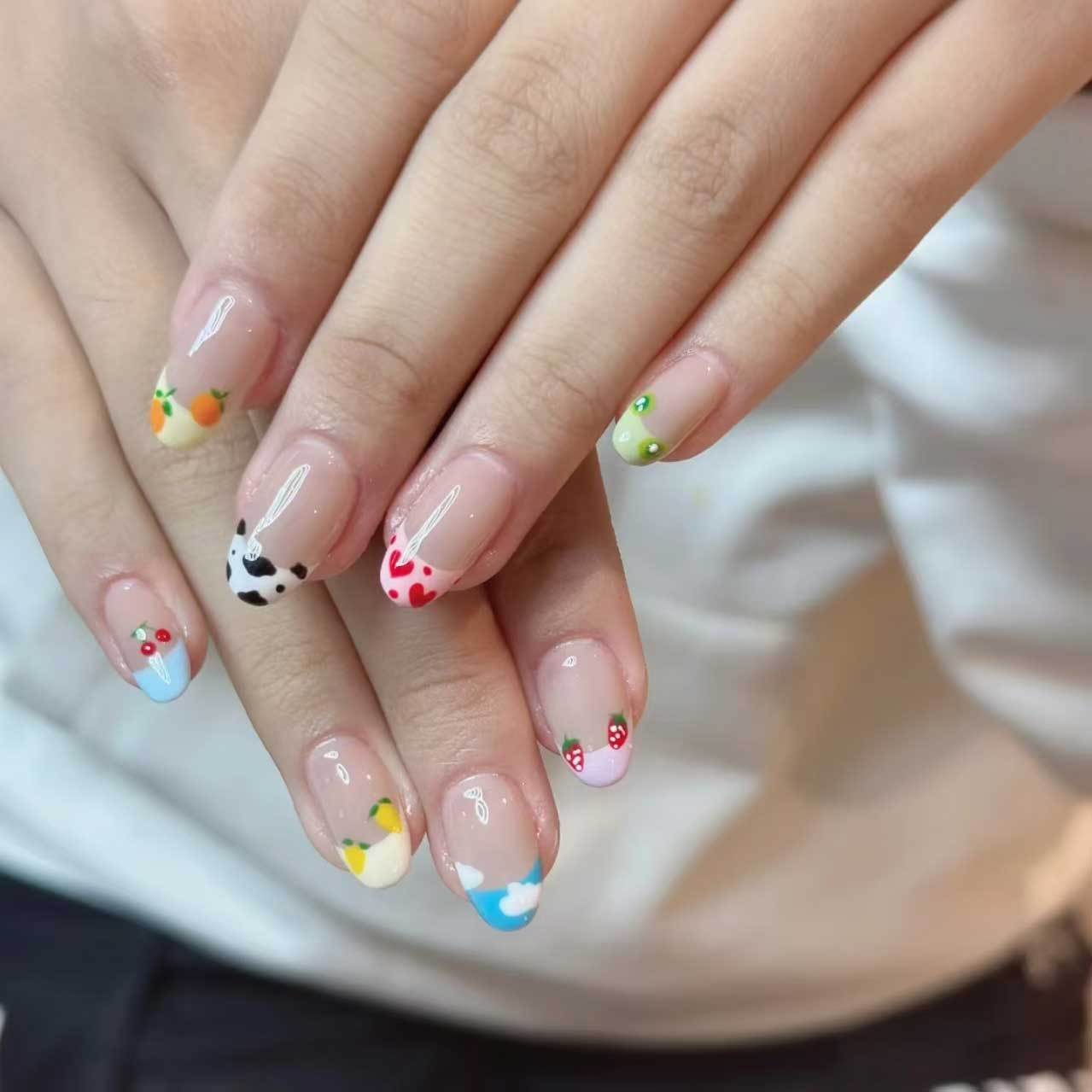 Whimsical Wonderland Short Almond Colorful French Tip Nail Set with Fruity Designs