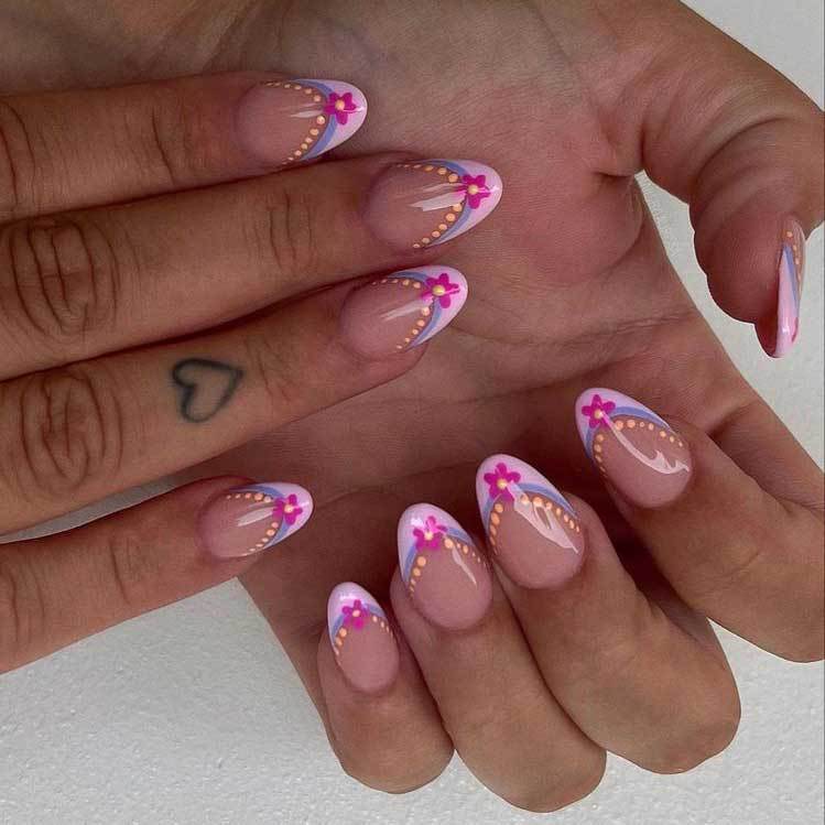Tropical Bliss Short Almond Soft Pink with Floral Accents Press On Nail Set