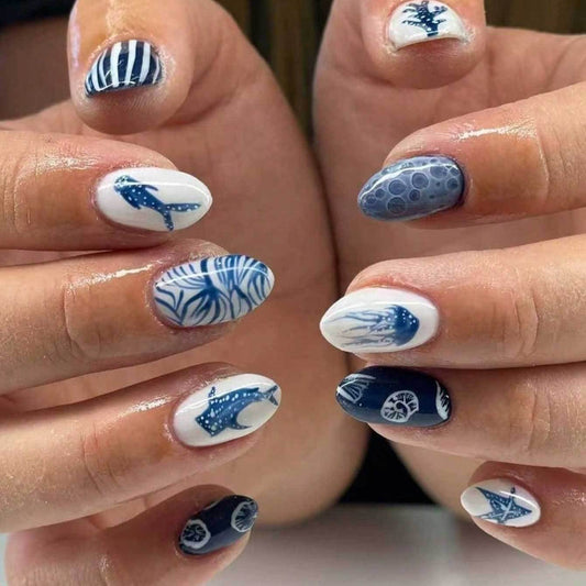 Oceanic Elegance Short Oval Blue and White Press On Nail Set with Intricate Sea Life Designs