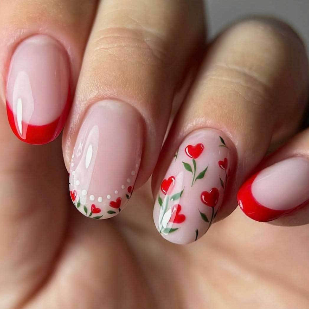 Whimsical Floral Essence Long Oval Pink with Red Tips and Charming Heart Accents Press-On Nail Set