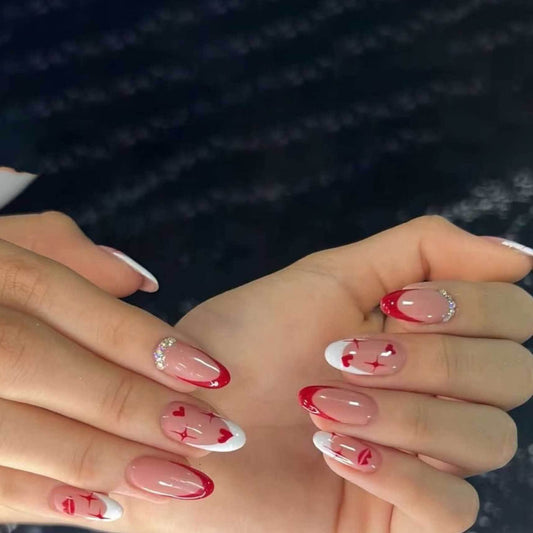 Love Story Elegant Long Almond Shaped Medium Length Red and White Dual Tone with Heart Motif Press On Nail Set
