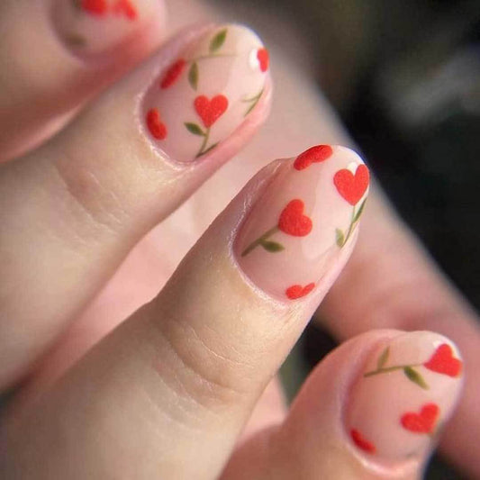 Romantic Blossom Short Oval Pink Nail Set with Heart Design