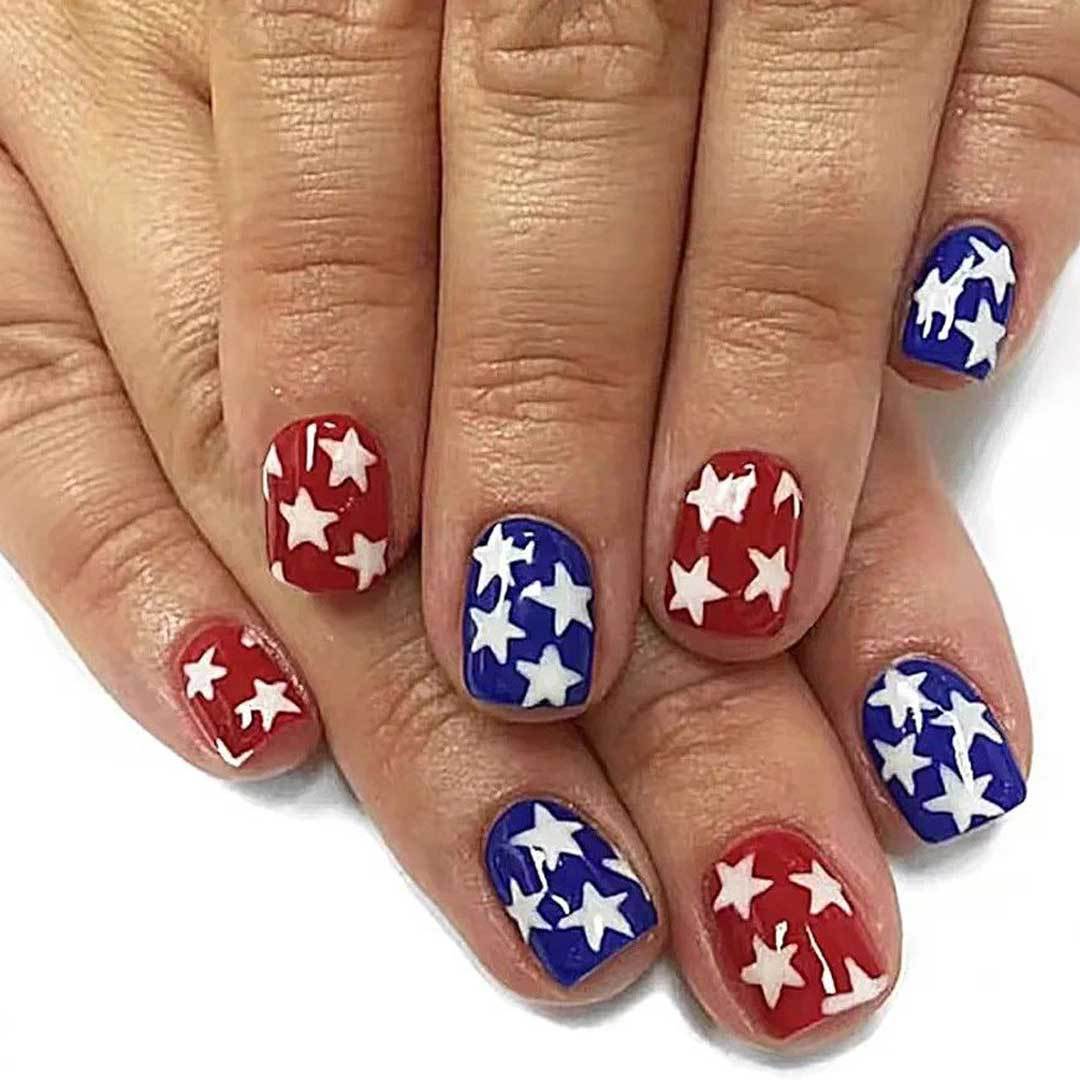 Star-Spangled Short Square Red and Blue Nails with Bold White Star Design