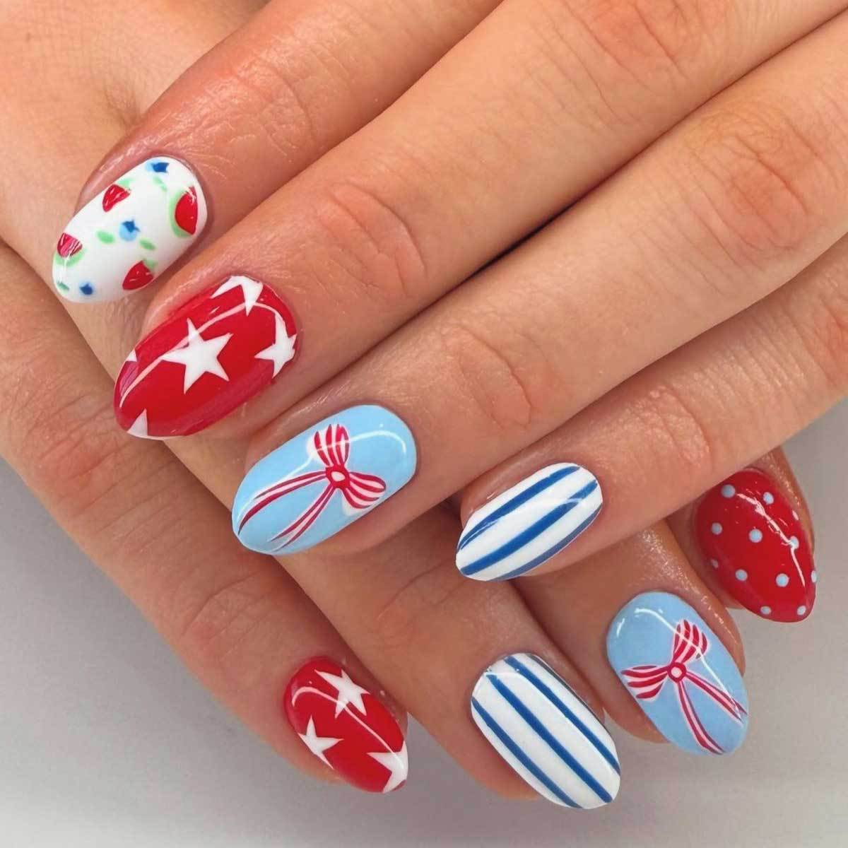 Festive Charm Medium Oval Red Blue White With Delightful Patterns Press-On Nail Set