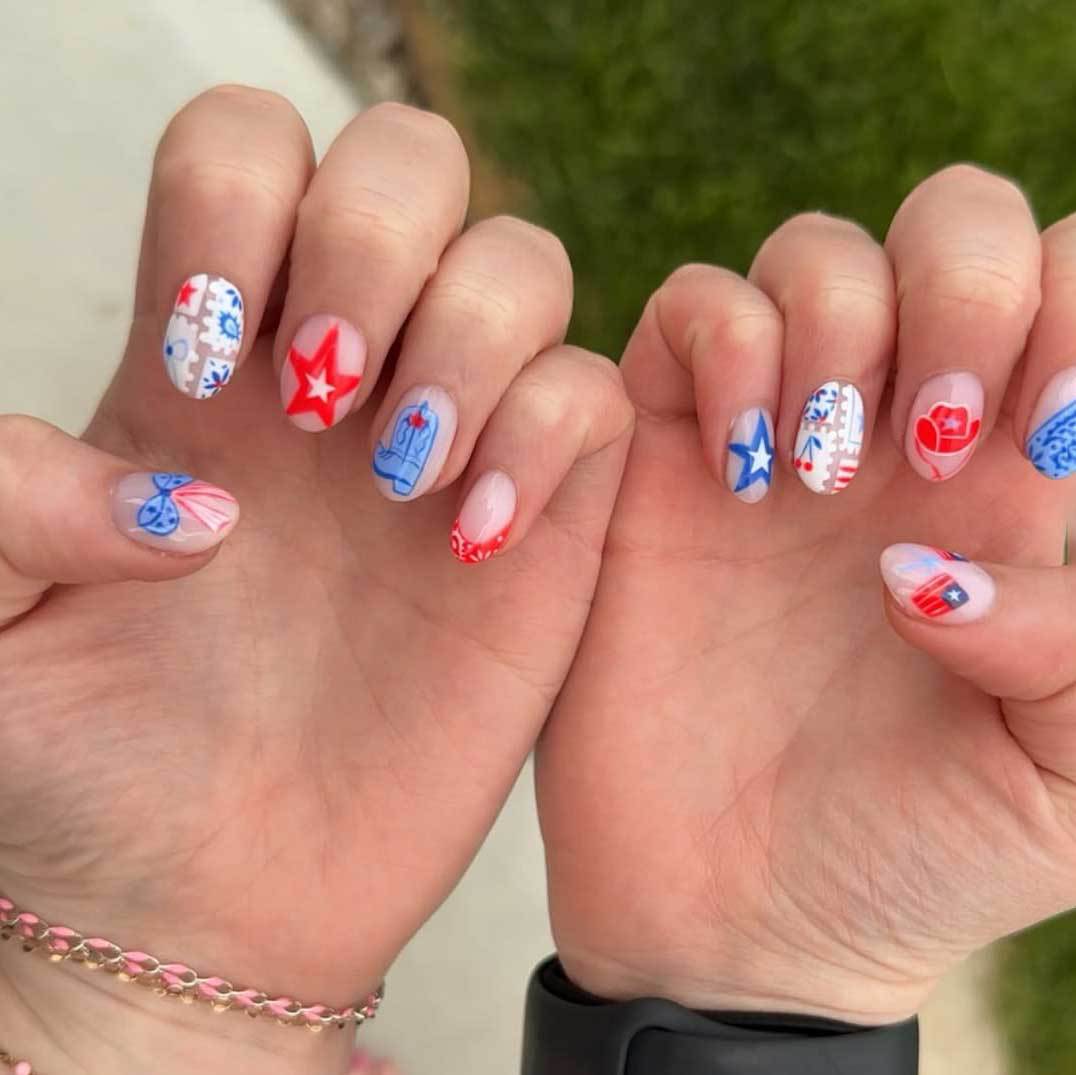 Stars and Stripes Flair Medium Oval Shaped Red and Blue Press On Nail Set with Unique Pattern Design