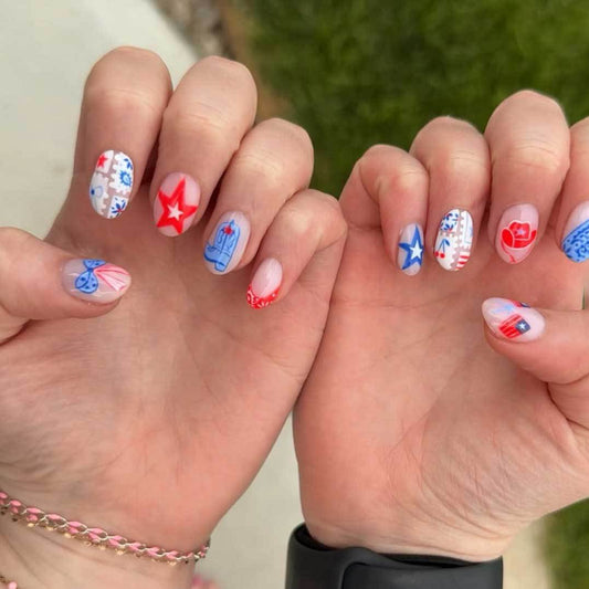 Stars and Stripes Flair Medium Oval Shaped Red and Blue Press On Nail Set with Unique Pattern Design
