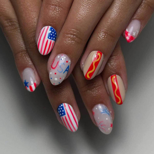 Patriotic Celebration Medium Almond Red White and Blue Press On Nail Set with Unique Hot Dog Design