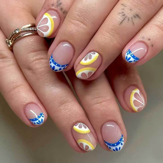 Citrus Delight Medium Short Almond Yellow and Blue Press-On Nail Set with Refreshing Fruit Design