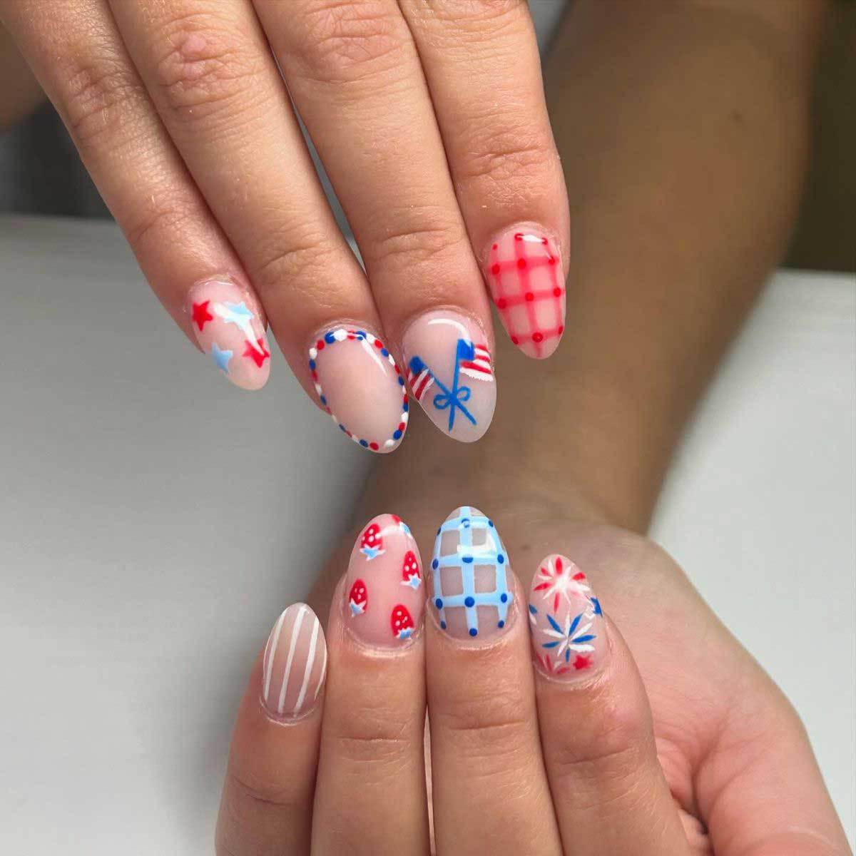 Patriotic Elegance Short Almond Red and Blue Playful Patterns Press-On Nail Set