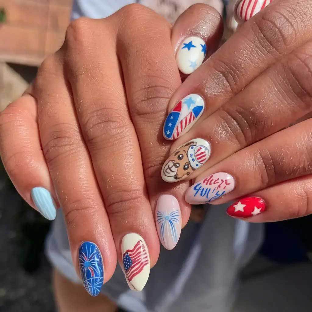Patriotic Celebration Medium Almond Red and Blue Themed Nail Set