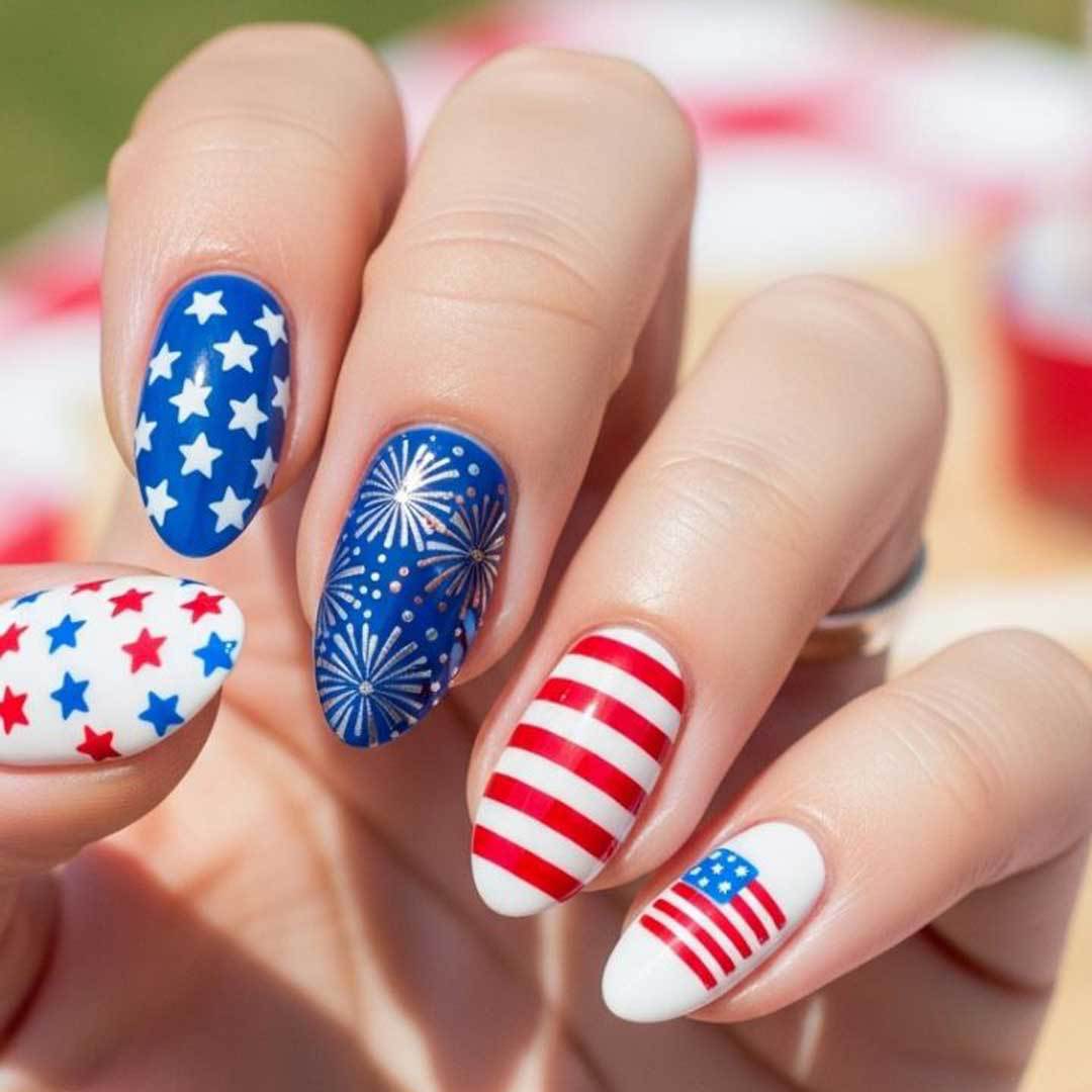 Patriotic Summer Medium Almond Red White and Blue Stars and Stripes Press on Nail Set