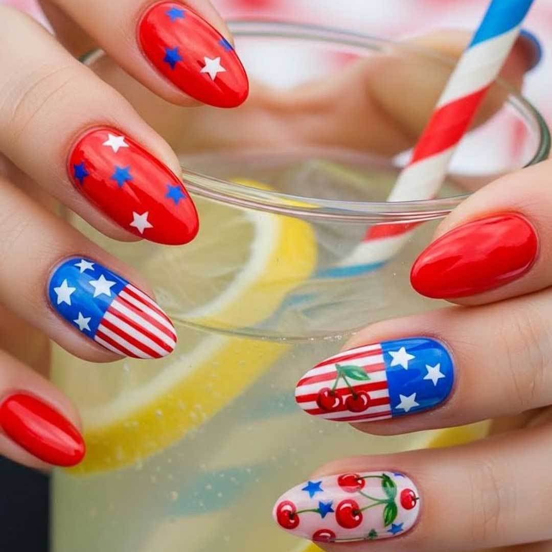 Patriotic Glam Medium Almond Red with Star and Stripes Design Nail Set