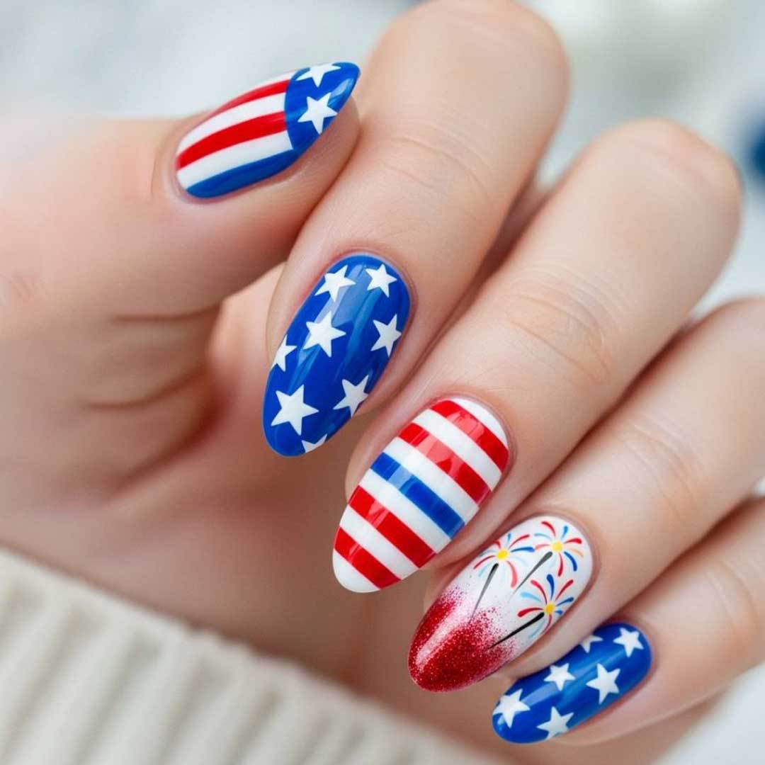 Patriotic Celebration Medium Almond Blue Red Star Nail Set with Sparkling Design
