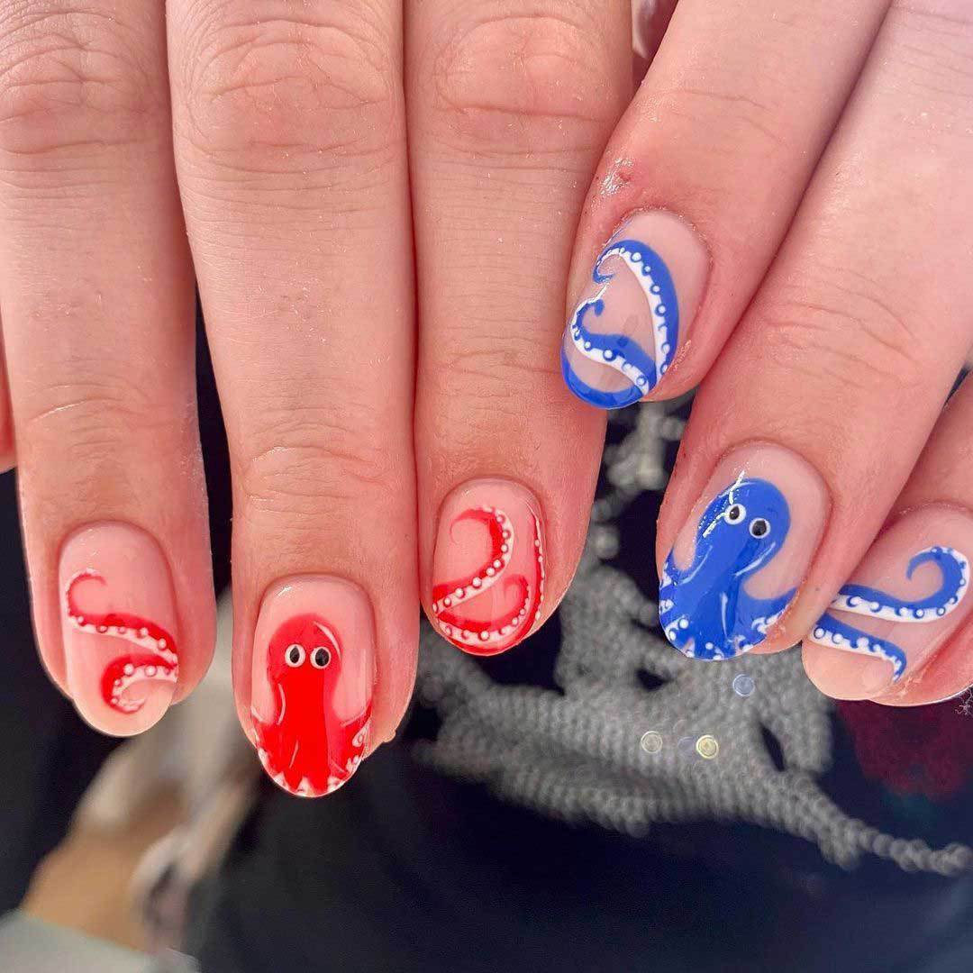 Whimsical Ocean Themed Medium Oval Red and Blue Octopus Press On Nail Set